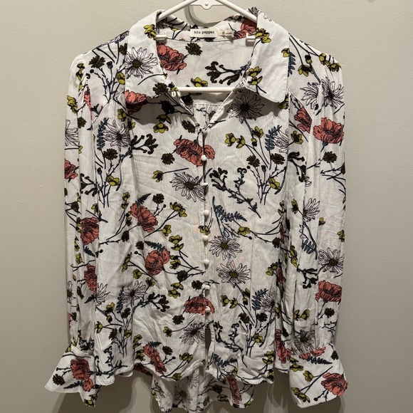 Blu Pepper Floral Button Front Ruffle Sleeve Cuff Blouse Top Size Small - Picture 1 of 5
